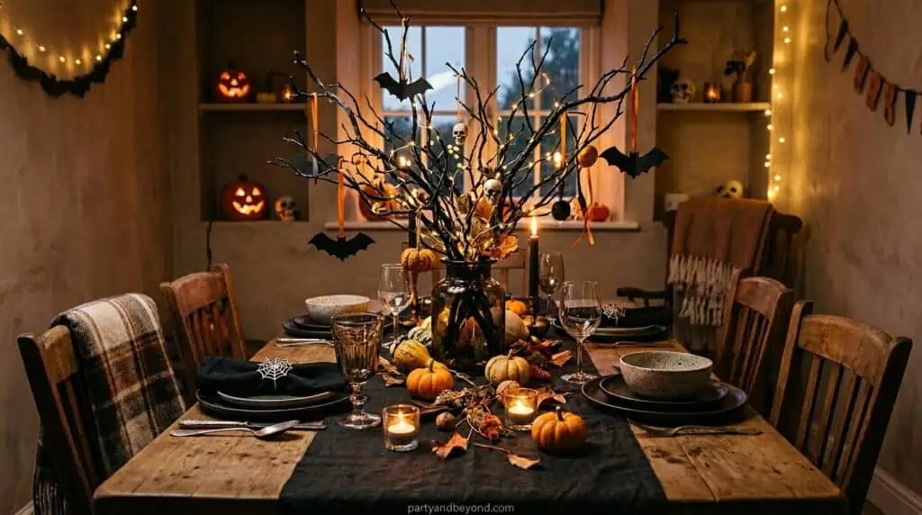 Festive Halloween-themed table setup with pumpkins, bats, and autumn decor.