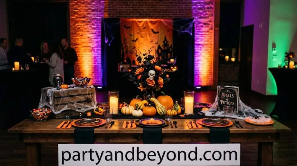 Halloween themed dessert table with pumpkins, skulls, and spooky decorations at Party & Beyond! DIY Halloween decoration ideas