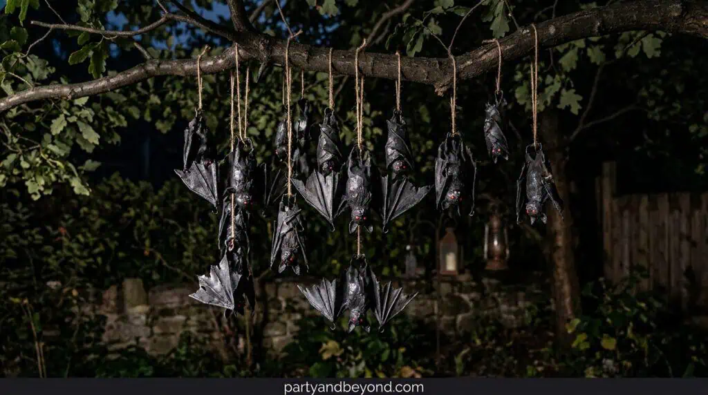 Cut-out bats made from durable material and suspended from trees or porch ceilings to create a flying swarm effect that moves with wind.