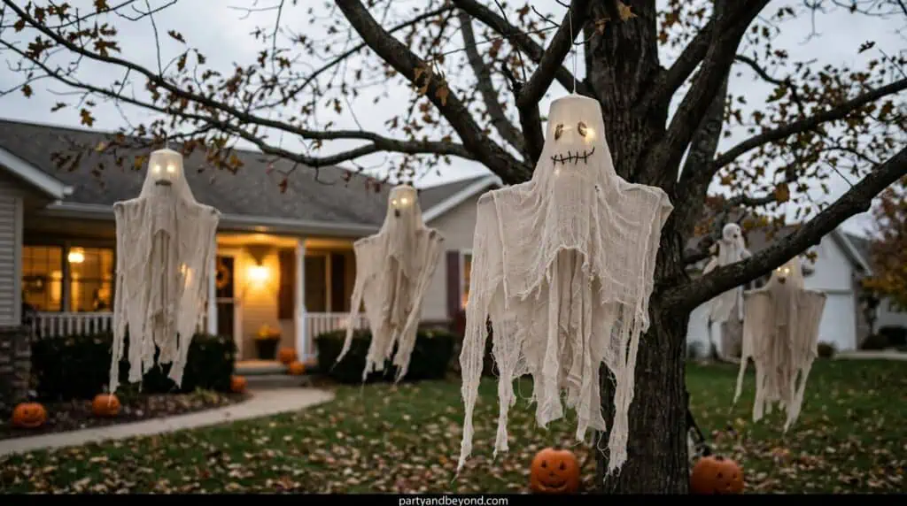 Floating ghost figures made from cloth or cheesecloth with internal lighting, hung from trees to create a drifting supernatural effect.