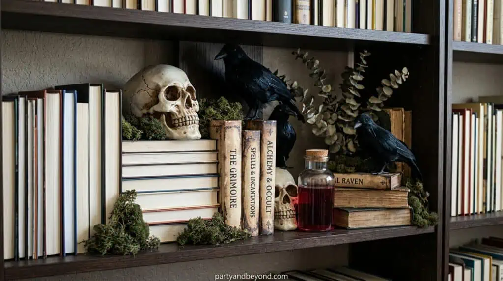 Bookshelf styled with skulls, ravens, and spooky Halloween decor between books