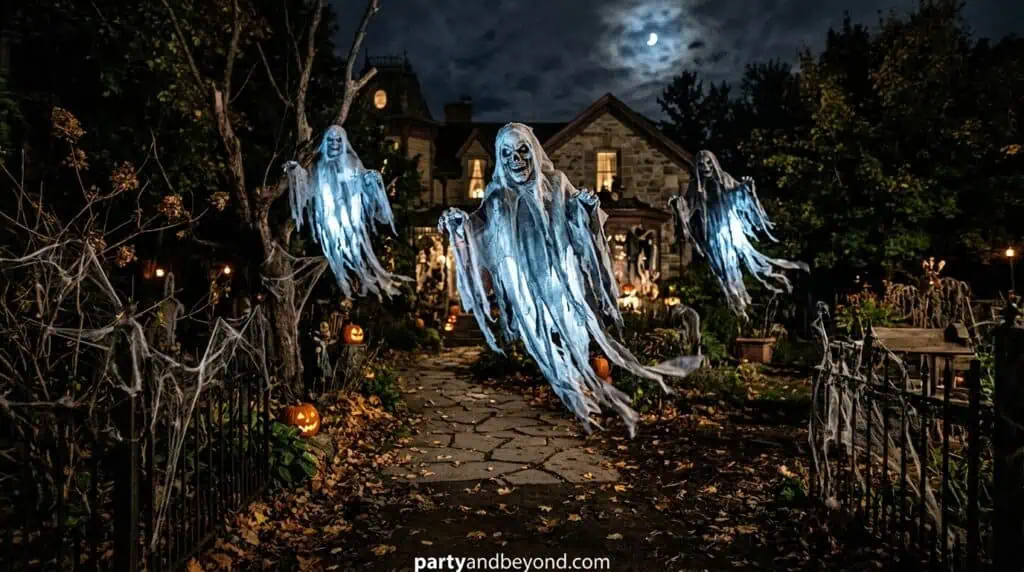 Ghost structures supported by wire frames or cages and lit from inside to create a glowing floating illusion in the yard.