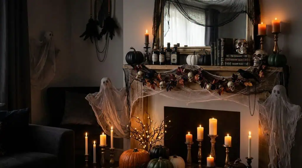 Halloween-themed spooky decor with candles, pumpkins, and skulls in a cozy living room setting.