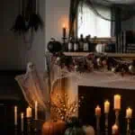 15 Indoor Halloween Decoration Ideas That Actually Create Atmosphere (2026) Halloween-themed spooky decor with candles, pumpkins, and skulls in a cozy living room setting.