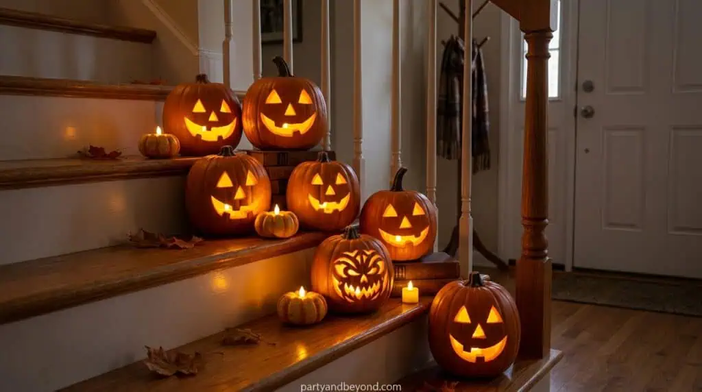 Cluster of glowing pumpkins in different sizes creating warm Halloween lighting Indoor Halloween Decoration Ideas