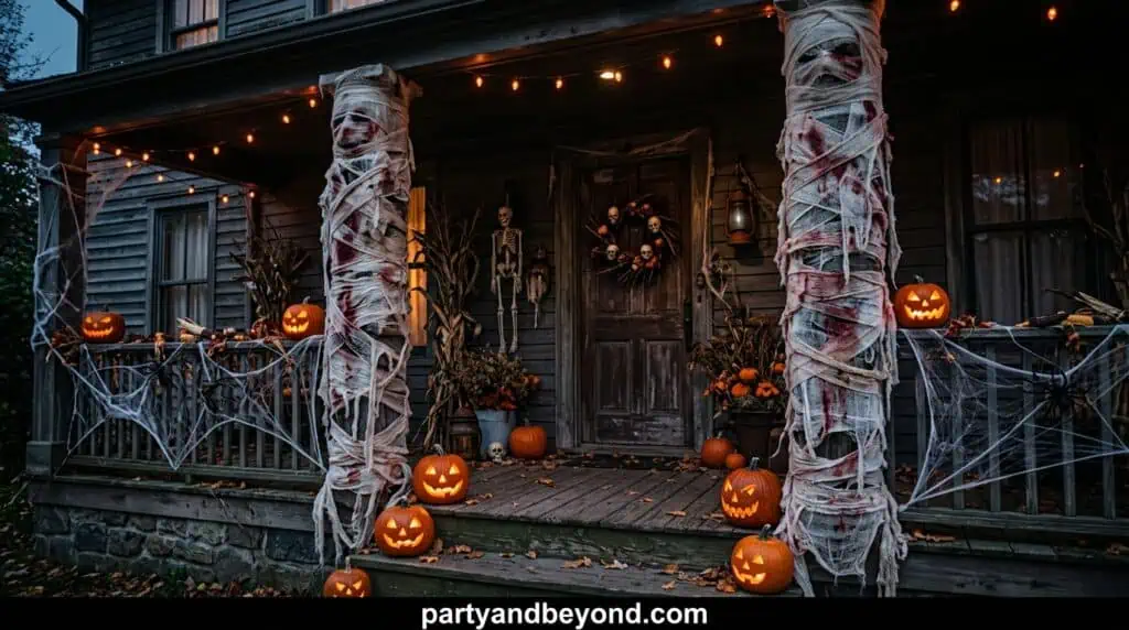 Porch pillars wrapped in gauze or cloth to resemble bandages, often paired with glowing eyes for a hidden creature effect.