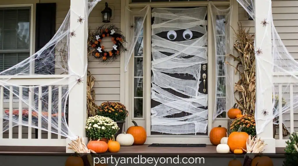 front door wrapped in white streamers designed like a mummy