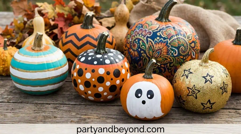 Colorful painted pumpkins for fall and Halloween decorations, perfect for party decor.