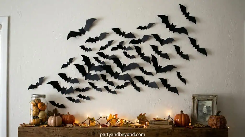 wall decorated with flying paper bats in different sizes
