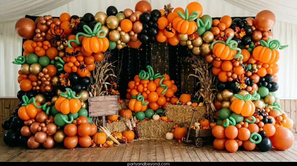 : Budget-friendly Halloween backdrop made with black plastic tablecloths as a photo wall base
