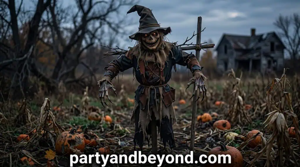 A life-sized scarecrow made from old clothes and stuffed materials, designed with a creepy face and positioned as a lifelike yard figure.