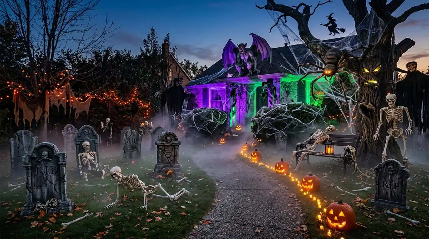 Halloween haunted house with spooky skeletons, glowing pumpkins, and eerie lighting for a festive pa.