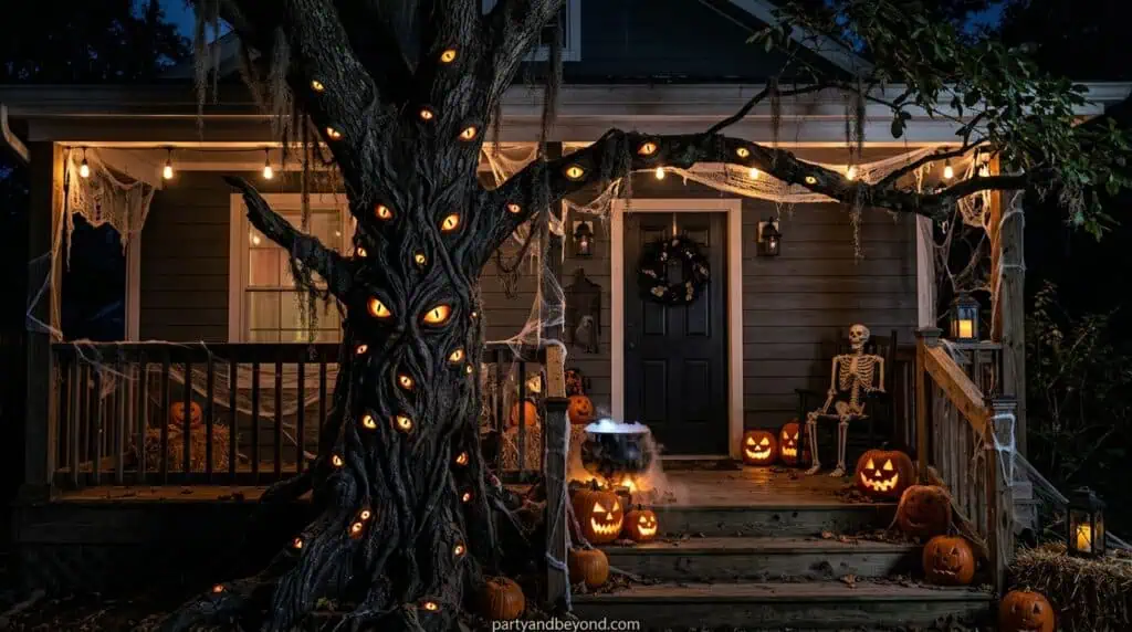 A front-yard tree decorated with gauze and glowing eyes positioned at human height to create the illusion of being watched.