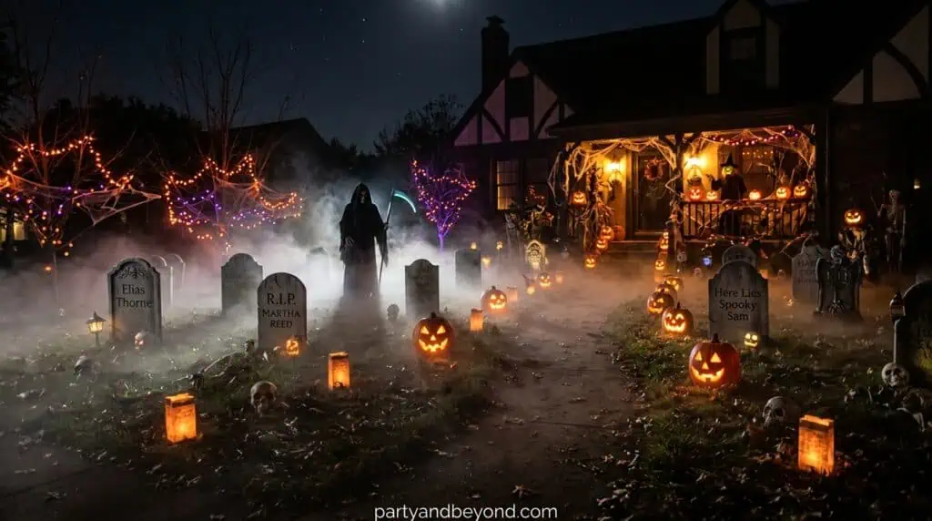Fog machines placed near ground level to create a drifting mist that enhances graveyards, pathways, and haunted scenes. Halloween outdoor decoration ideas