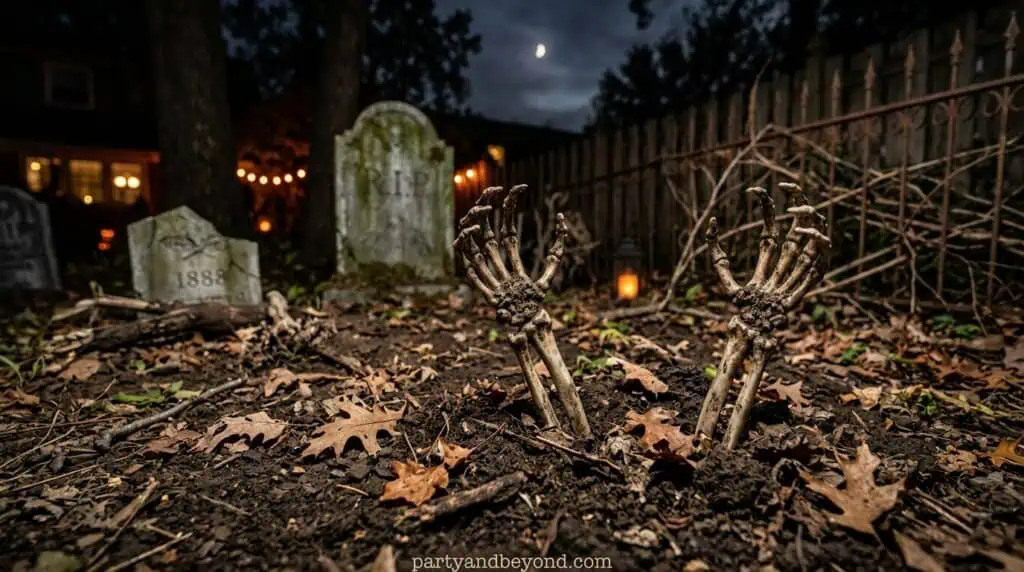 Partially buried skeleton hands placed along pathways or garden edges to create a creepy emerging-from-the-ground illusion for passersby.