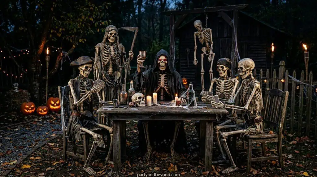 Skeleton props arranged in humorous or creepy real-life poses such as digging, climbing, or sitting to create interactive storytelling scenes.