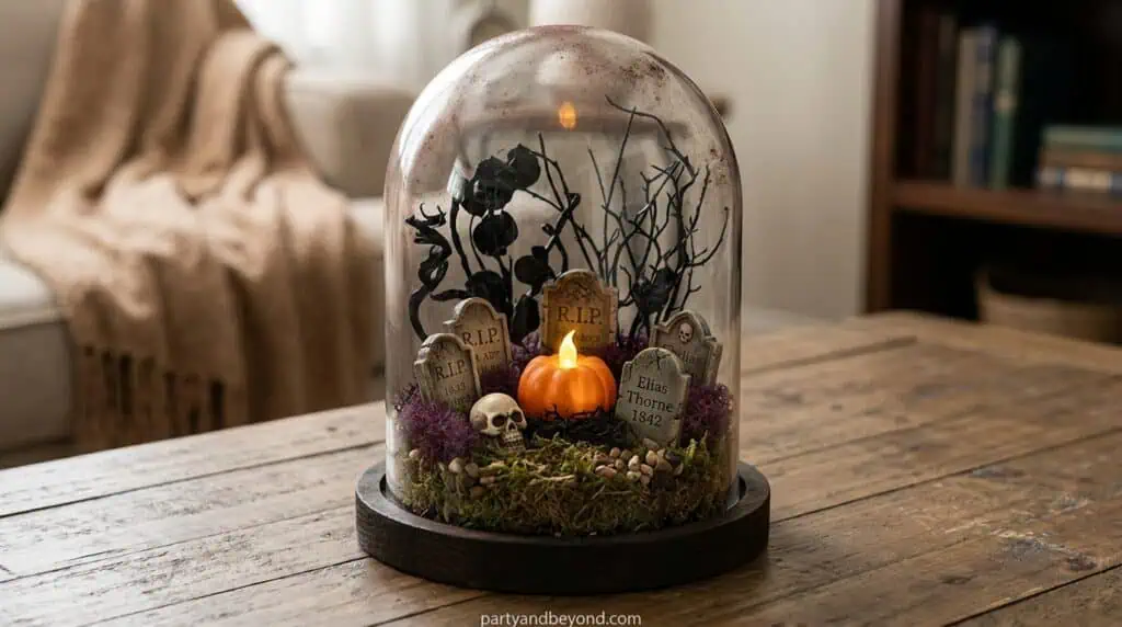 Glass cloche containing miniature Halloween graveyard scene with skull and moss