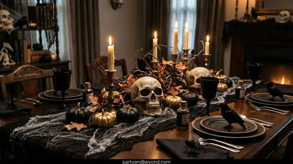 Elegant Halloween table setting with skulls, candles, and pumpkins for spooky celebrations.