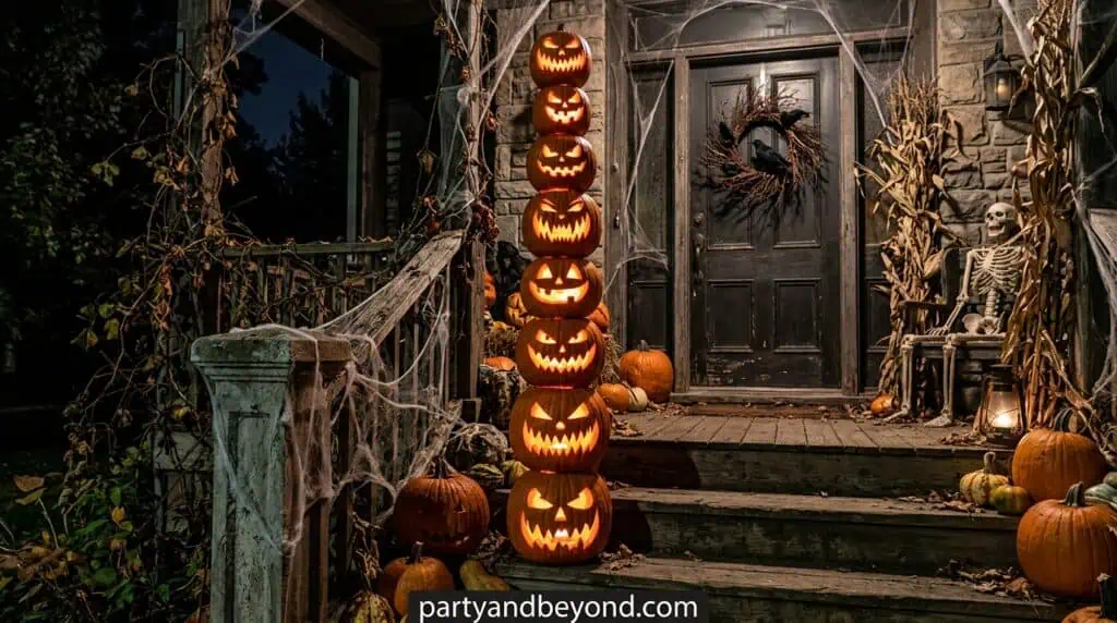 A vertical stack of carved or faux pumpkins with internal lighting that creates a glowing centerpiece for porch steps.