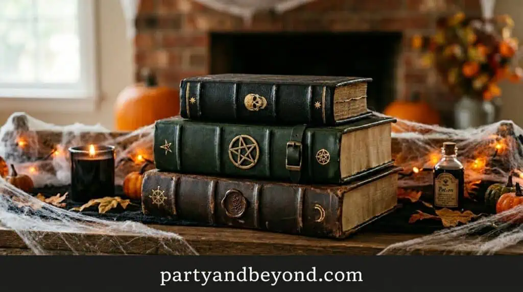 decorative stacked old books styled as spooky spell books