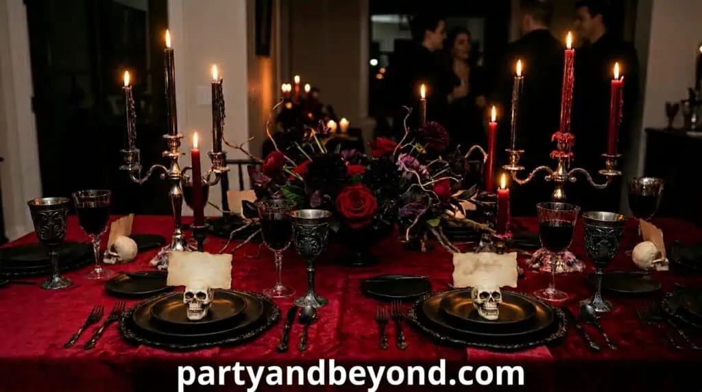 Elegant Halloween dining table with gothic candles, skull decor, and dark romantic theme Indoor Halloween Decoration Ideas