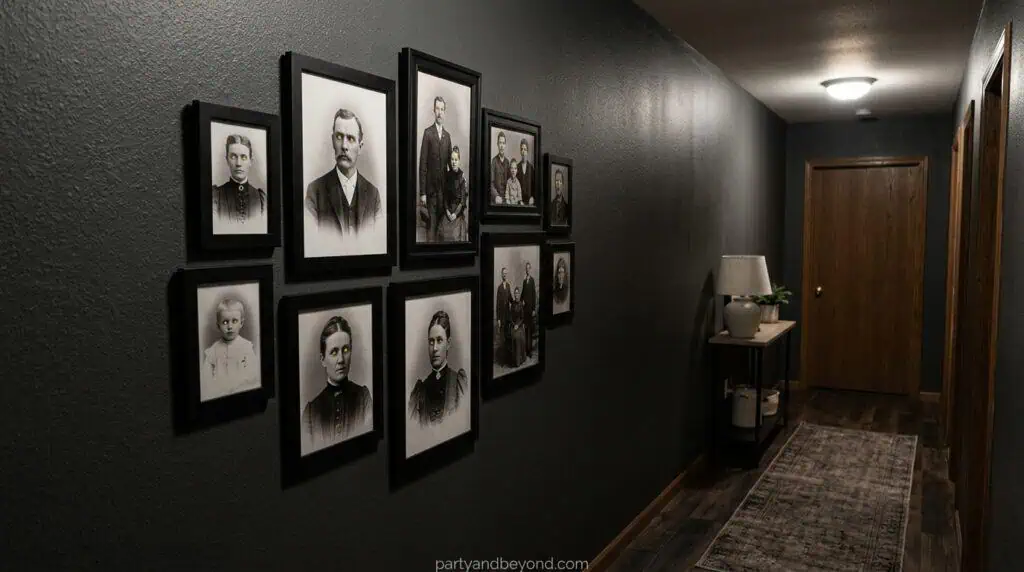 Haunted Victorian-style framed portraits displayed on a wall for Halloween decoration