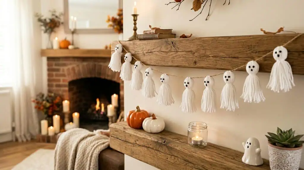 cute hanging yarn ghost garland decoration for indoor Halloween