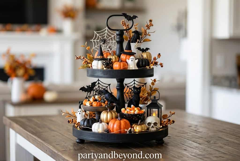 Halloween tiered tray decor set with mini pumpkins ghost signs and lanterns