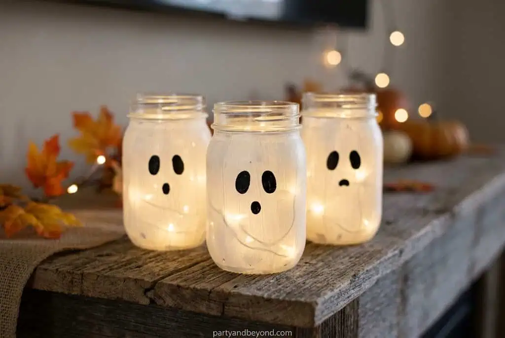 Glowing ghost jar luminaries made from mason jars for Halloween decor