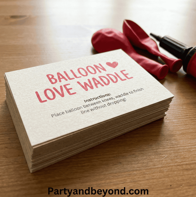 Wooden block game with hearts and a "Valentine Stack Attack" sign on a table.