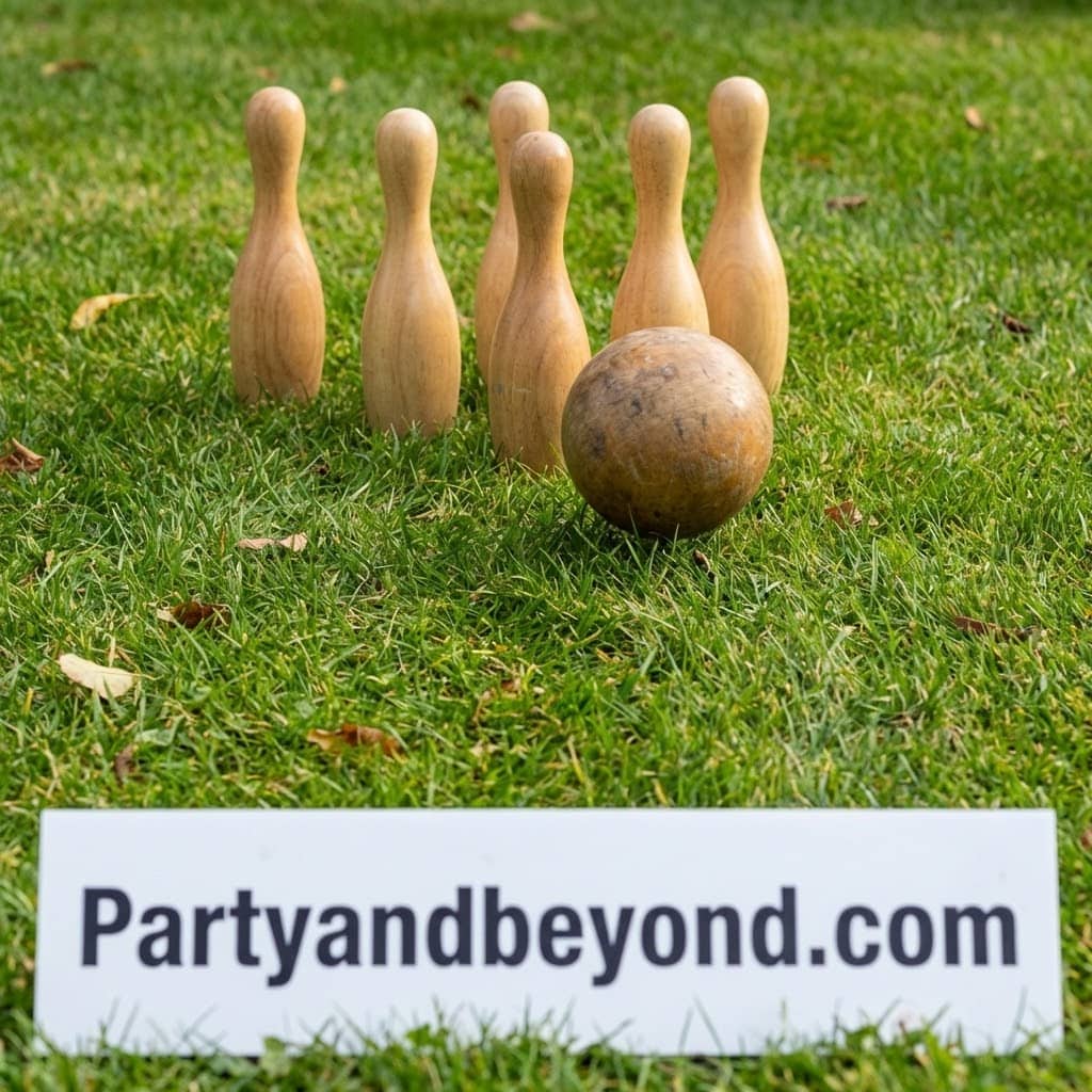 Outdoor lawn bowling game with wooden pins and ball at summer BBQ party.