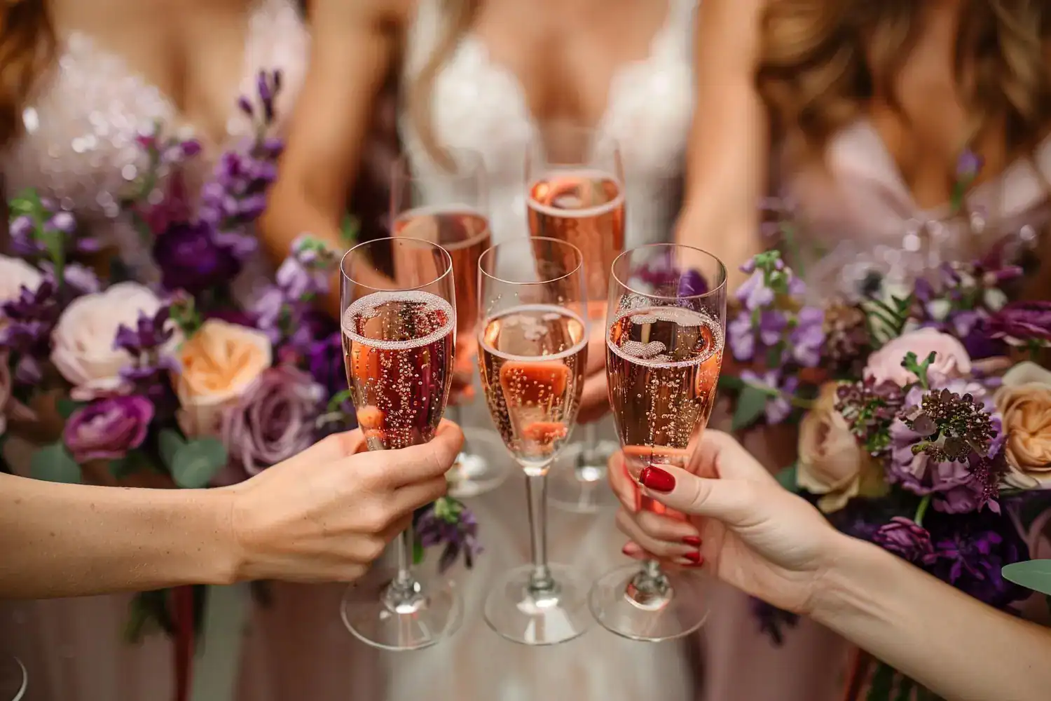 Women clinking champagne glasses at bridal shower celebration.