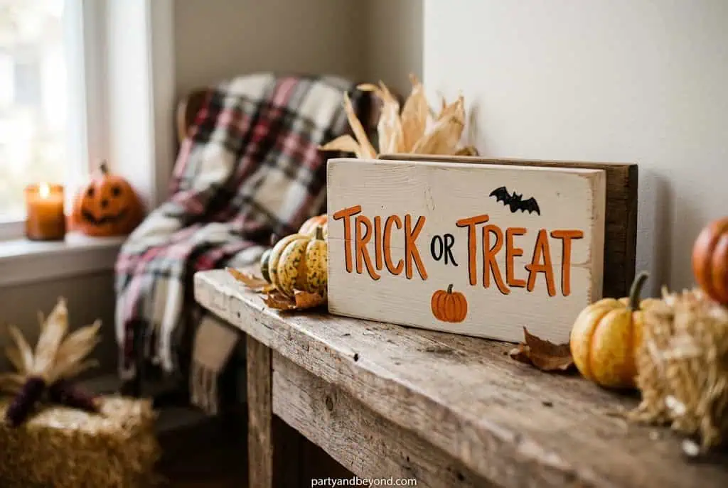 Distressed black and white Boo porch sign leaning beside a front door with pumpkins