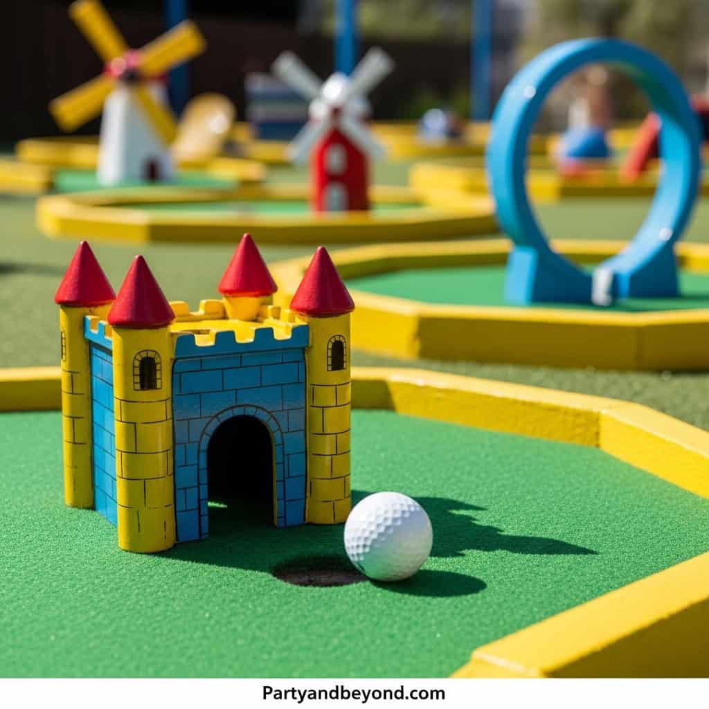Colorful miniature castle and golf ball for wedding guest entertainment games.