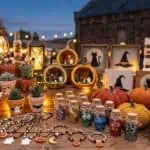 21 Easy Halloween Crafts That Sell Like Crazy (2026 Edition) Colorful Halloween-themed crafts and decorations displayed outdoors at a festive event.