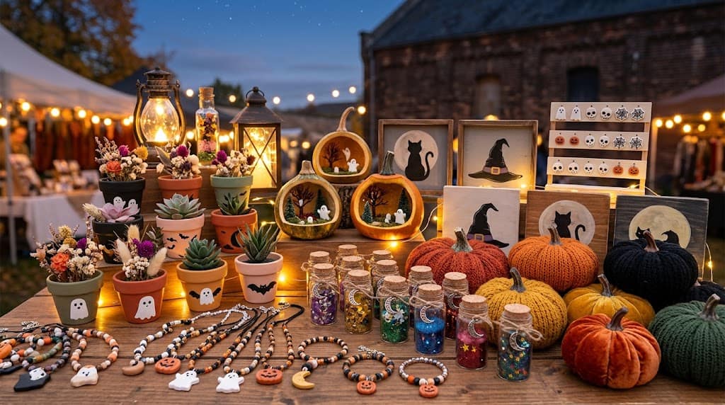 Colorful Halloween-themed crafts and decorations displayed outdoors at a festive event.