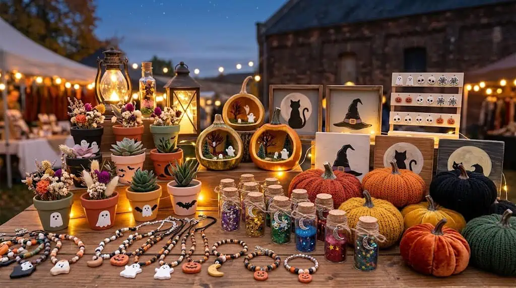Colorful Halloween-themed crafts and decorations displayed outdoors at a festive event.