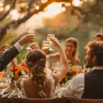 33 Unique Wedding Table Games to Delight Your Guests (2026) Wedding guests raising glasses in toast during outdoor celebration.