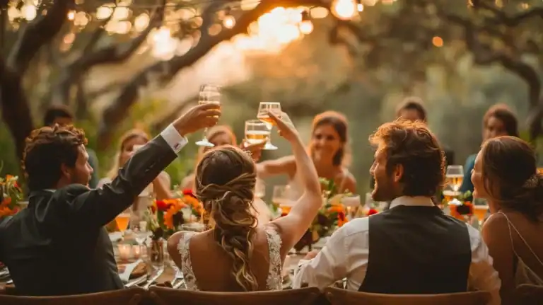 Wedding guests raising glasses in toast during outdoor celebration.