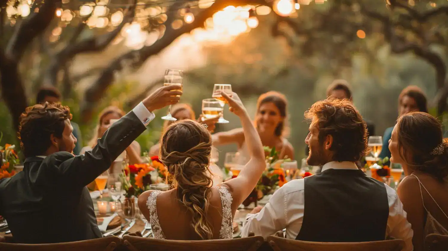 Wedding guests raising glasses in toast during outdoor celebration.
