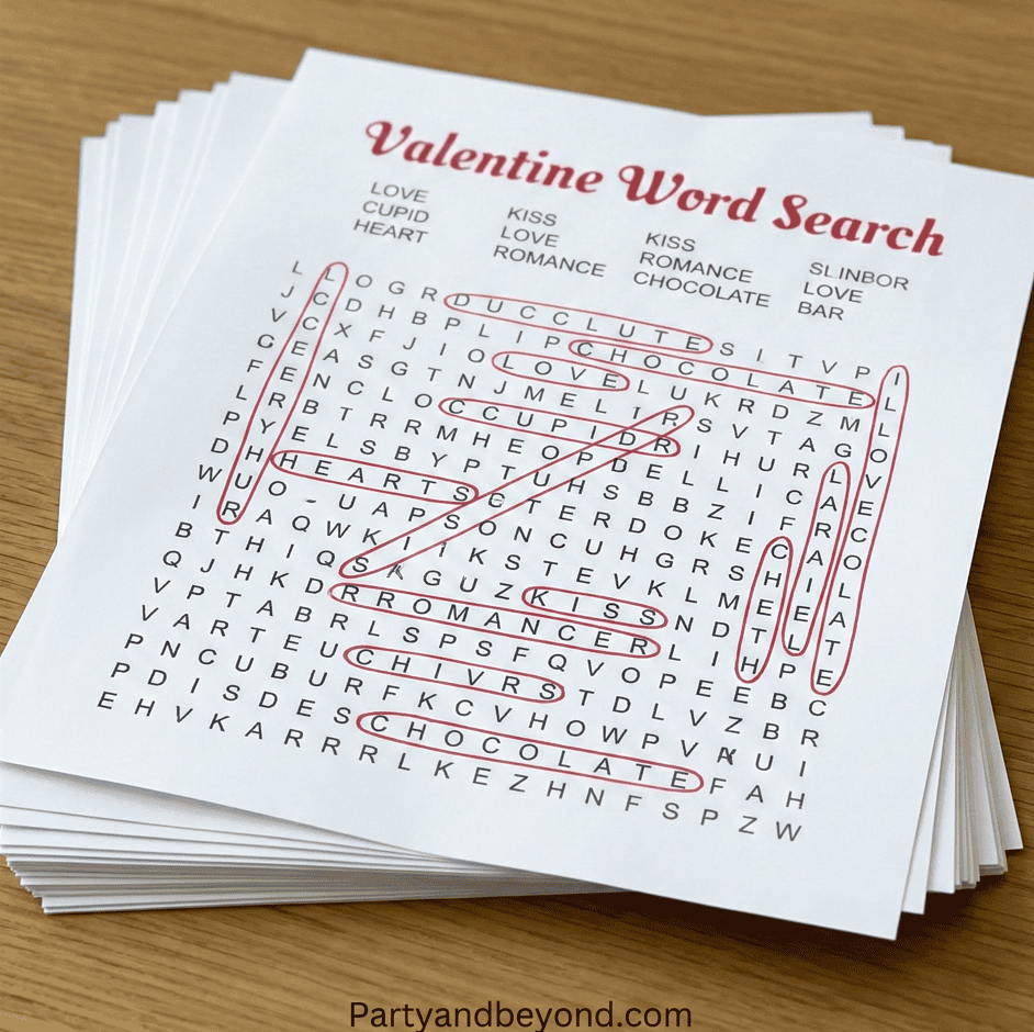 Valentine’s Day chocolate-themed word search puzzle for fun and engagement.