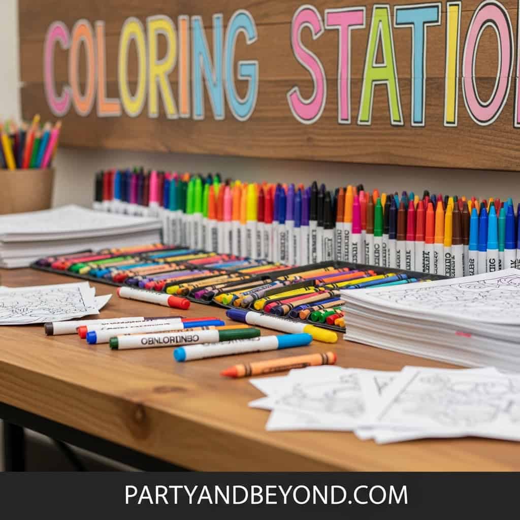 Coloring station with markers and papers for wedding guest activities and entertainment.