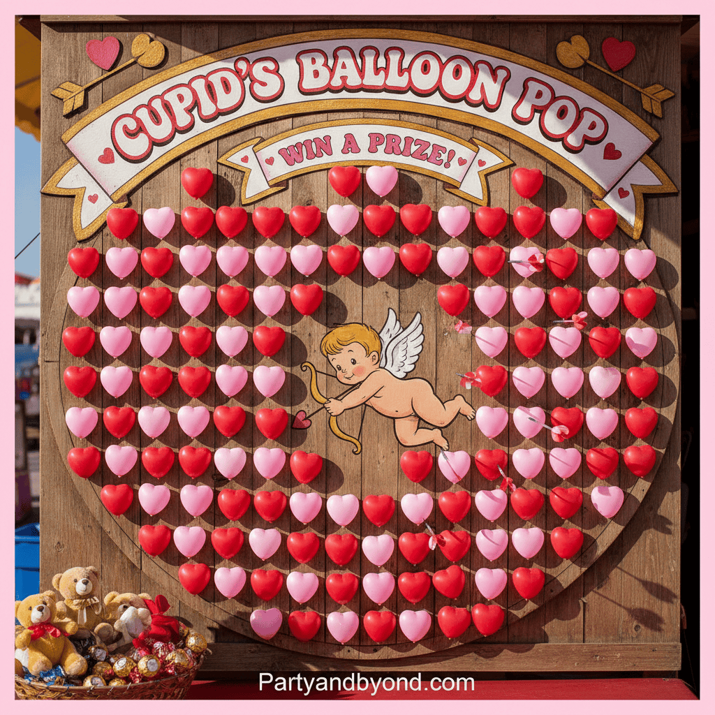 Valentine’s Day balloon pop game with heart-shaped balloons and Cupid figure for kids' party activit.