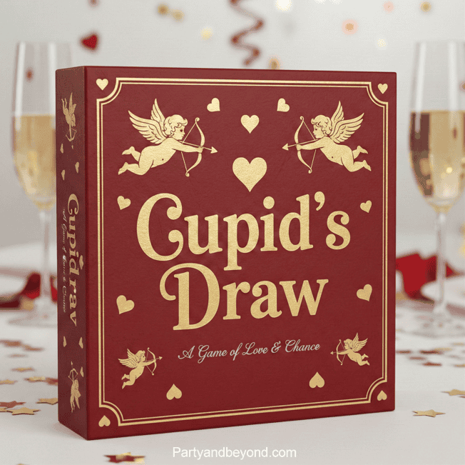 Valentine's Day game box with love notes and fun activities for couples and friends. Perfect for cel.