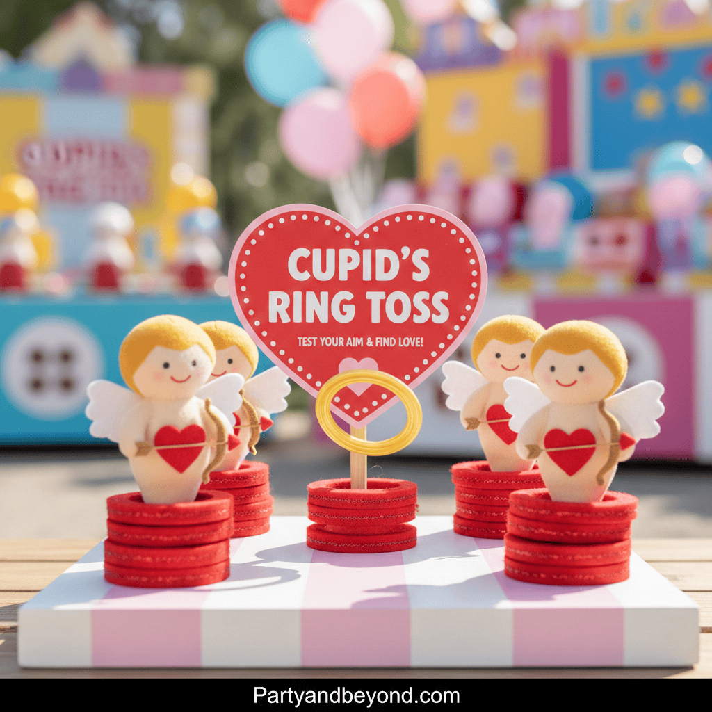 Cupid's Ring Toss game with adorable angel plush toys and colorful rings for fun Valentine's Day act.
