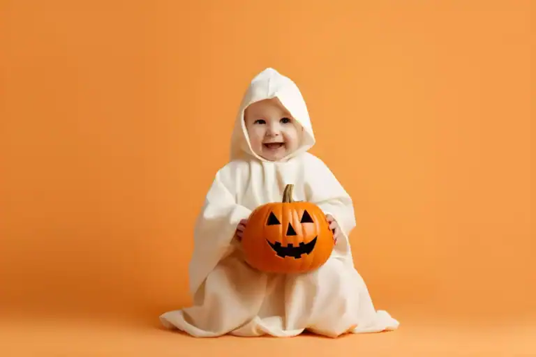 Adorable baby dressed in a Halloween costume holding a pumpkin bucket for trick-or-treating.