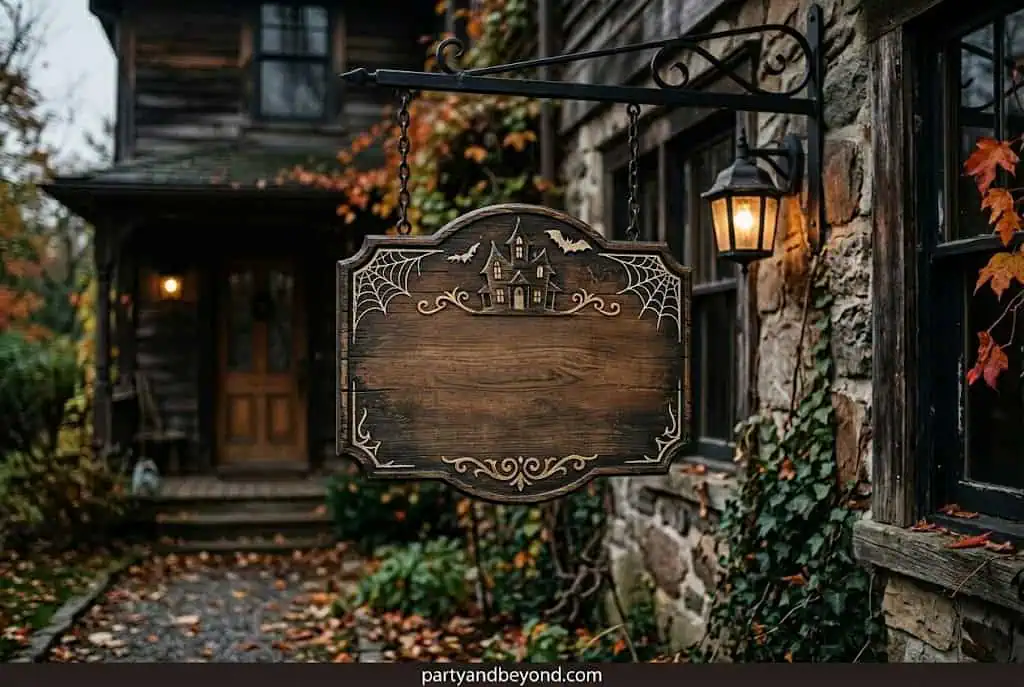 Personalized haunted house wood sign featuring a family last name in distressed lettering