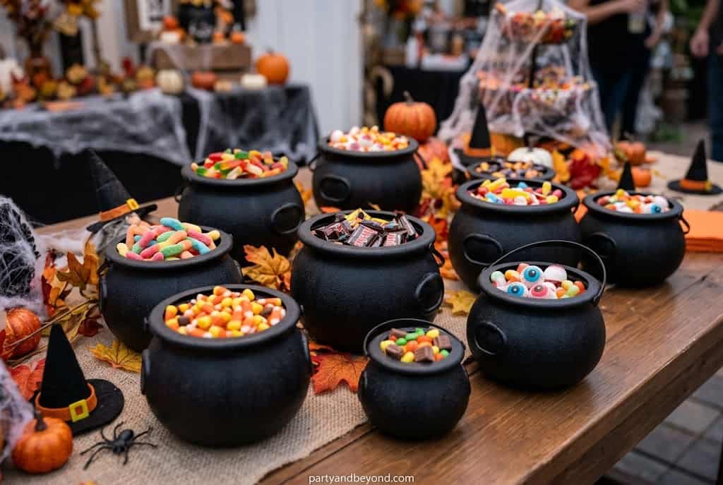 Black cauldron candy bowl filled with Halloween treats for party decor