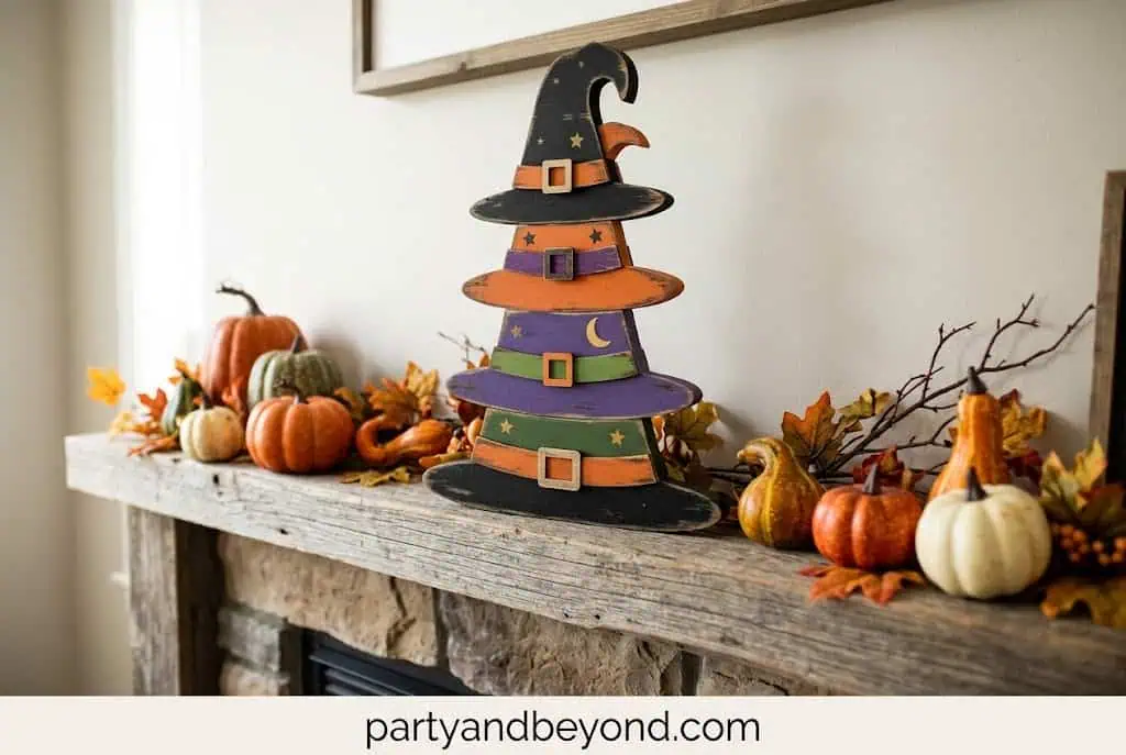 Stacked wooden witch hat decor painted black with rustic farmhouse texture
