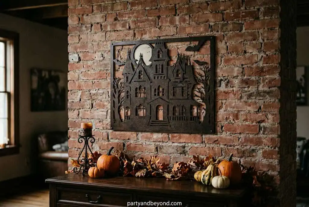 Haunted house silhouette painted on dark stained wood with a glowing full moon background